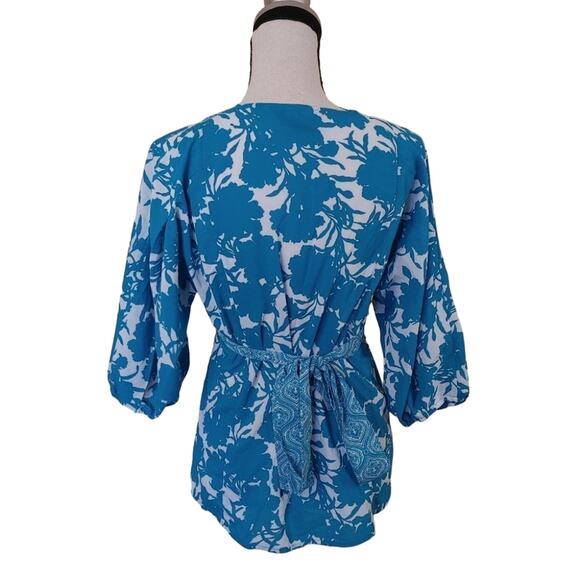 George Floral Flowers Size Small S Blue White Coastal Greece V Neck Blouse - Picture 2 of 11